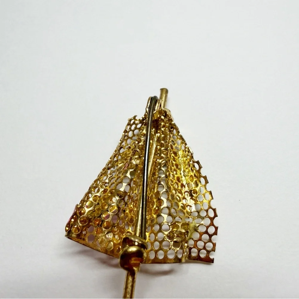 Vintage Gold Tone Umbrella Enamel Floral Ladybug Brooch - Picture 5 of 8